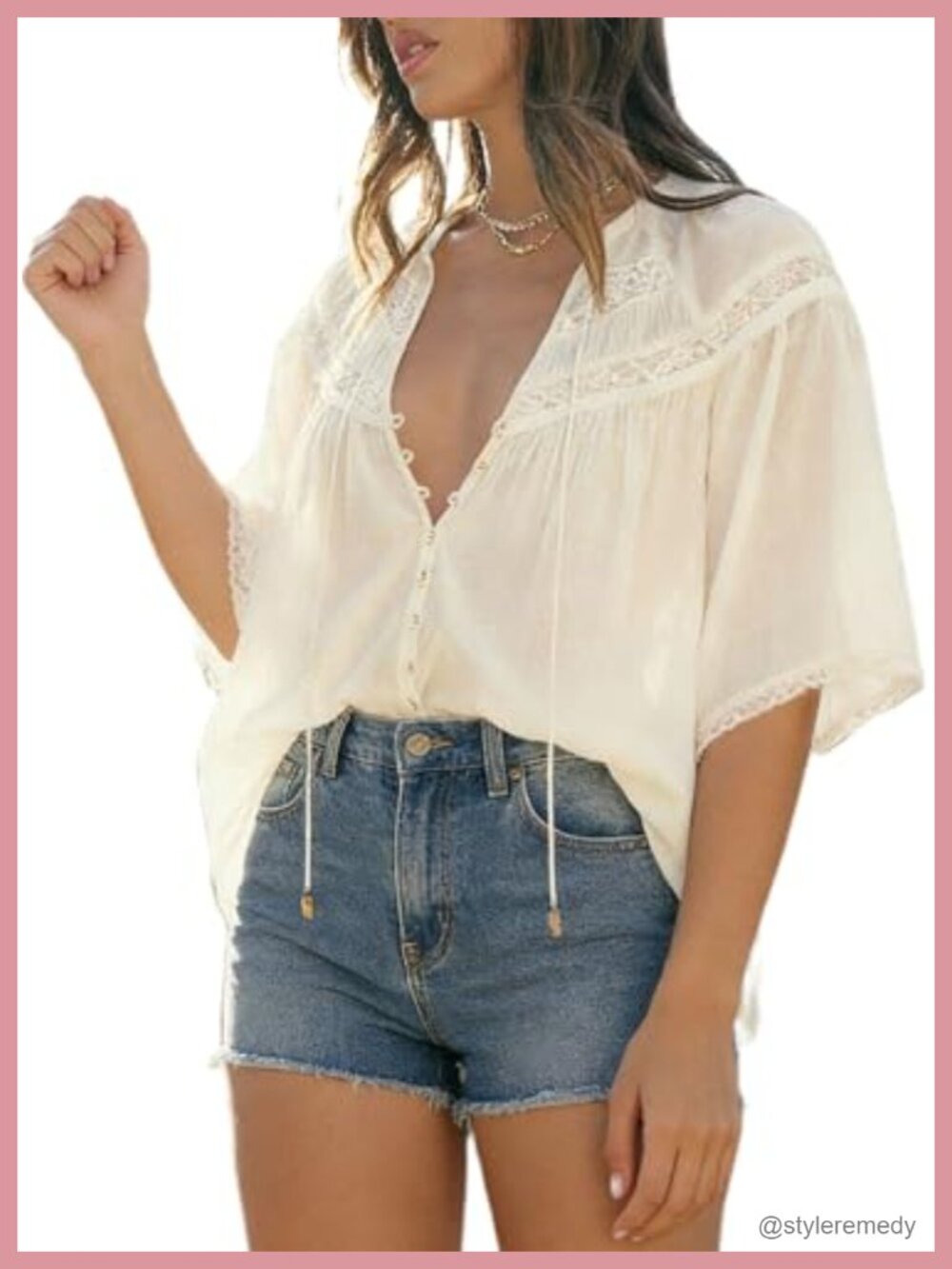 Womens Chiffon Lace Blouse Tie Front Boho Peasant Top Puff Sleeve